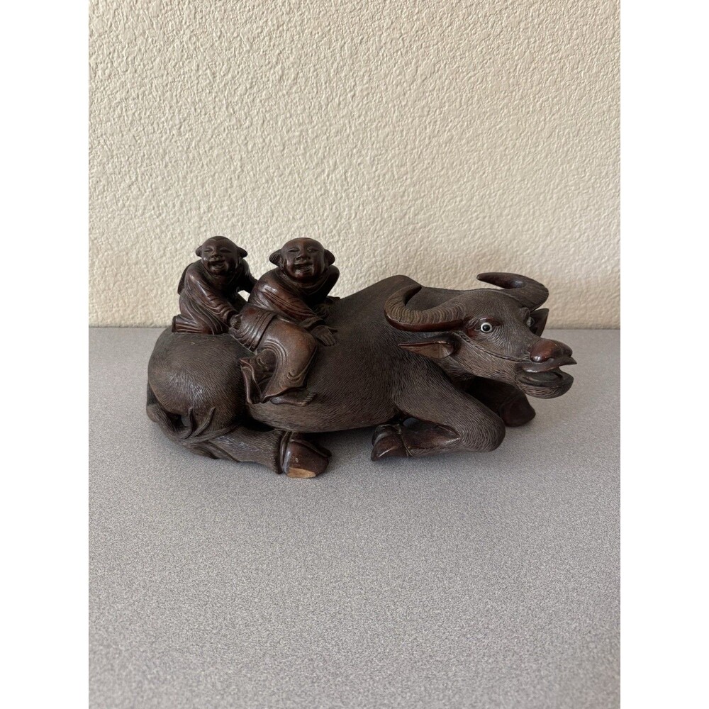 Vintage Hand Carved Wood Asian Water Buffalo Sculpture w/ Two Riders 14”